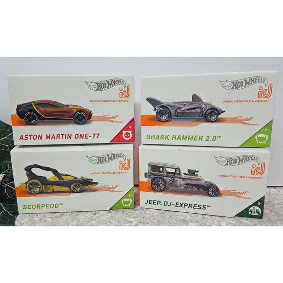Hotwheels ID Cars Lot Of 4 New Shark Hammer, Aston Martin, Scorpedo, Jeep DJ - Picture 1 of 13
